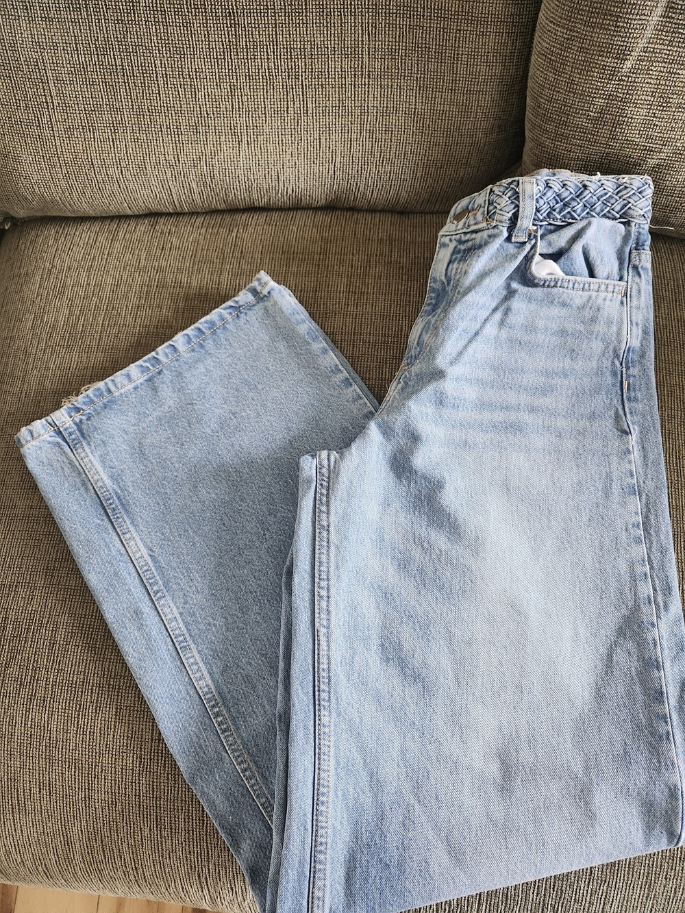 Zara Light Blue Straight Leg Jeans with Braided Waist